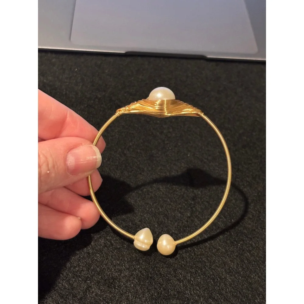 Handmade Gold Wire Wrapped Pearl Cuff Bracelet Open Bangle Cream Pearl Accent